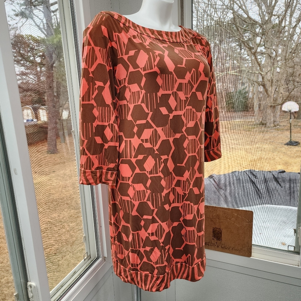 Attention Brown & Coral Geometric Stretch Sheath Dress